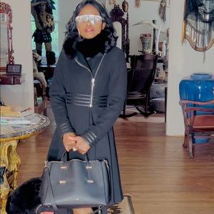 Designer Mila Nova Womens Black Zip Fox Fur Collar Overcoat, Jacket  Sz XS